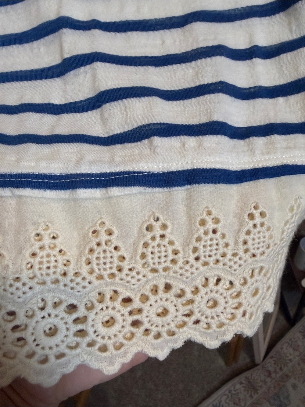 Little Yellow Button Striped Blue & White Lace-Hem Women's Top - Picture 3 of 6